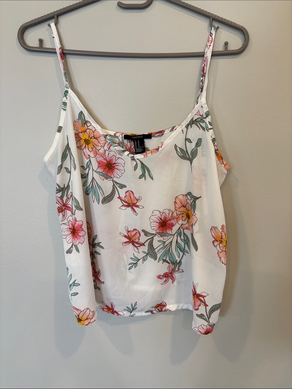 Forever 21 White Floral Satin Cami with Pink & Orange Flowers
